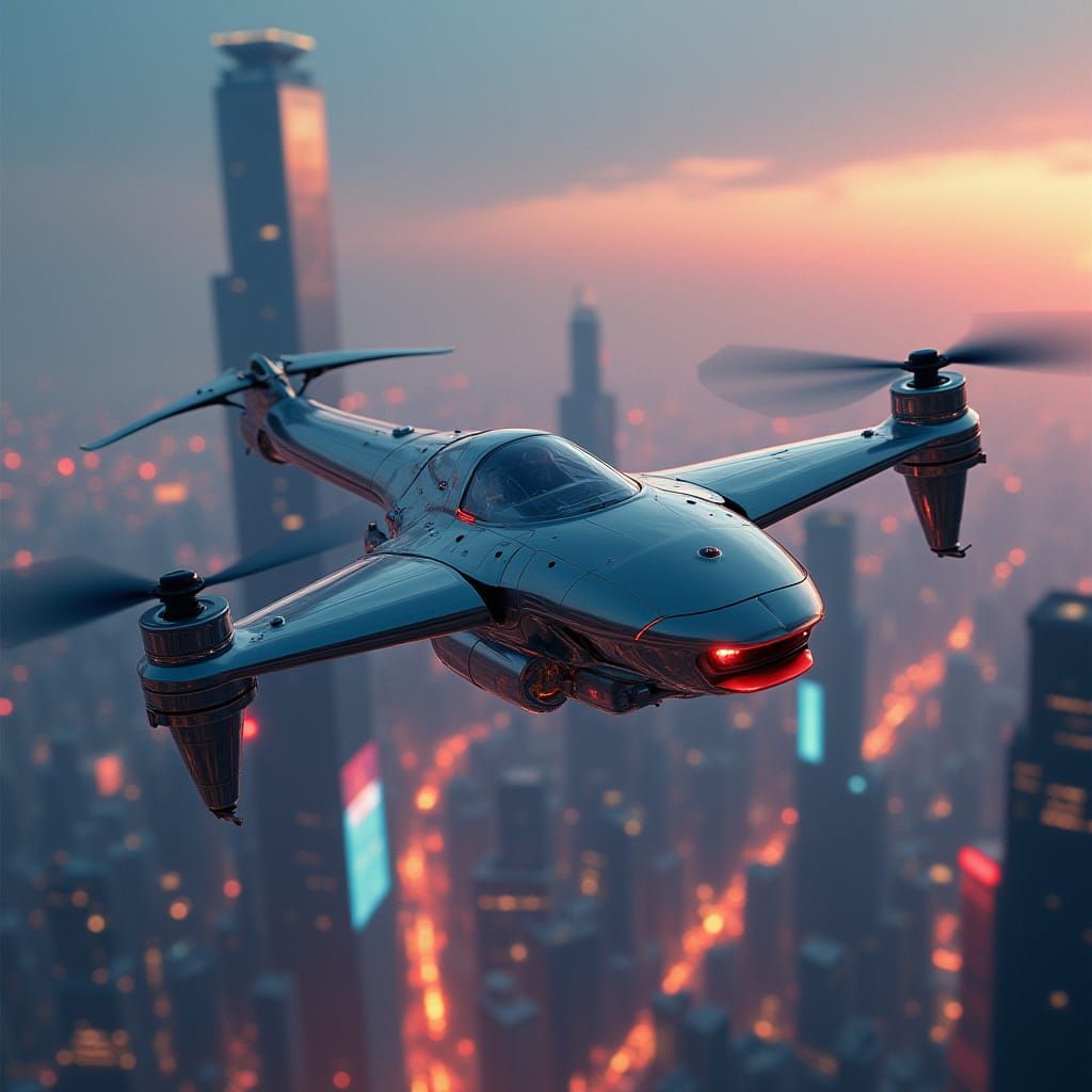 Sleek Drone Hovers Over Futuristic Cityscape at Dusk