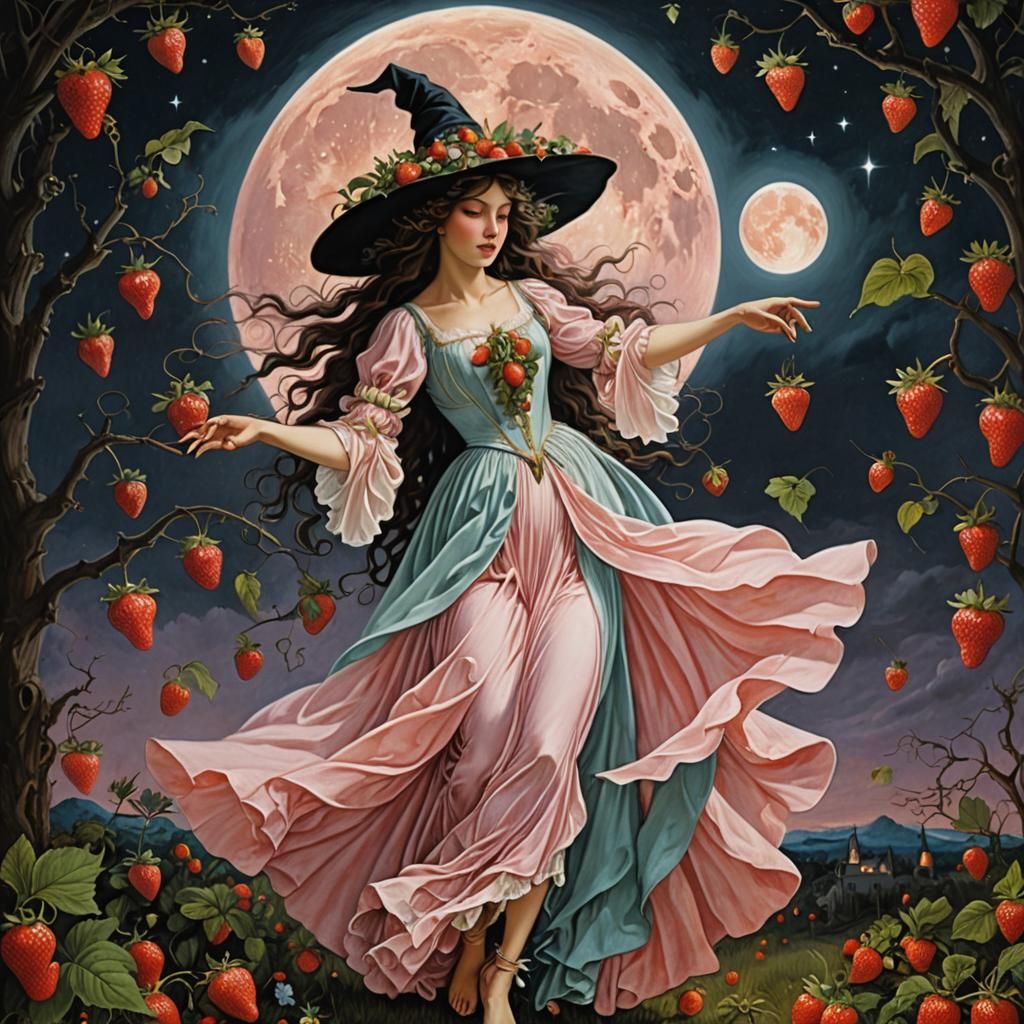 Pastel Witch Dancing Beneath Strawberry Full Moon