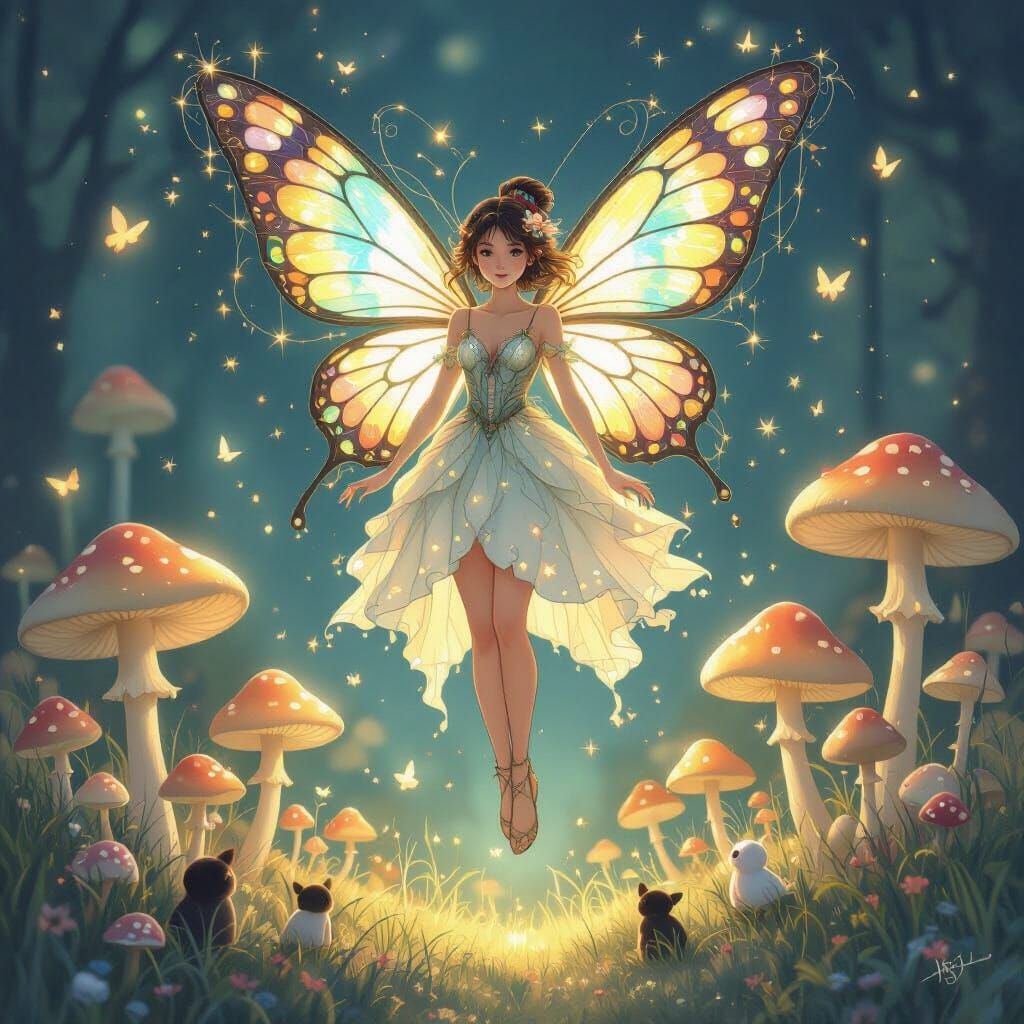 Ethereal Fairy Among Glowing Mushrooms, Stained Glass Wings