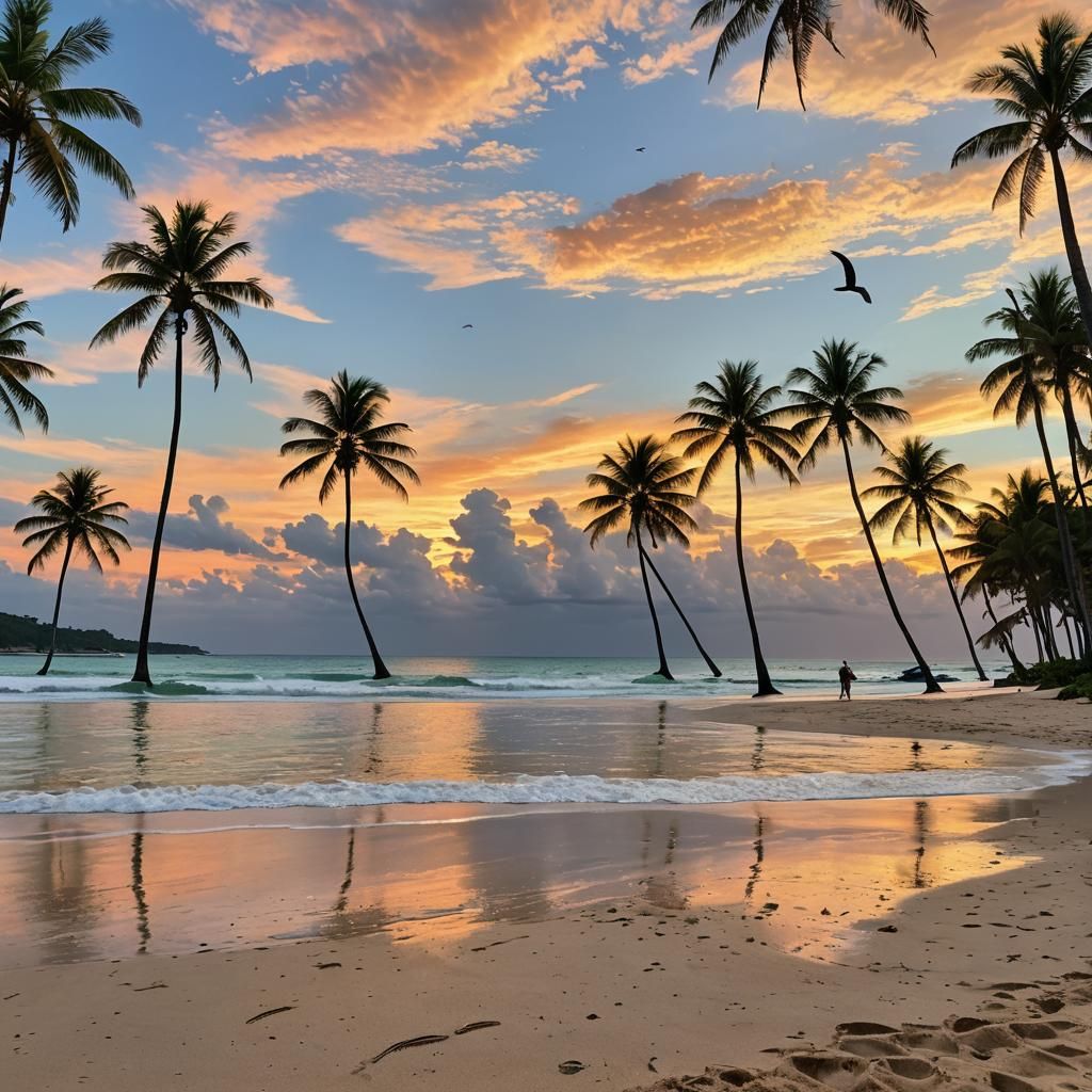 Tropical Beach Sunset with Palm Trees