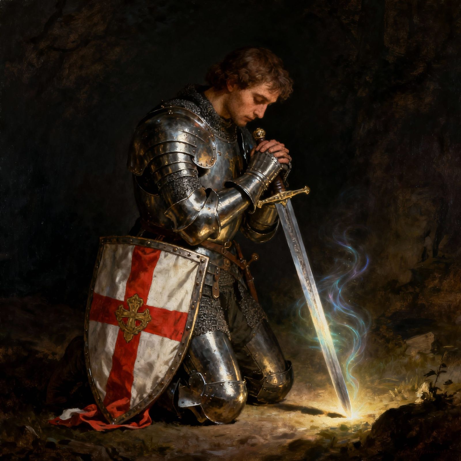 Knight in Prayer with Northern Irish Flag Shield