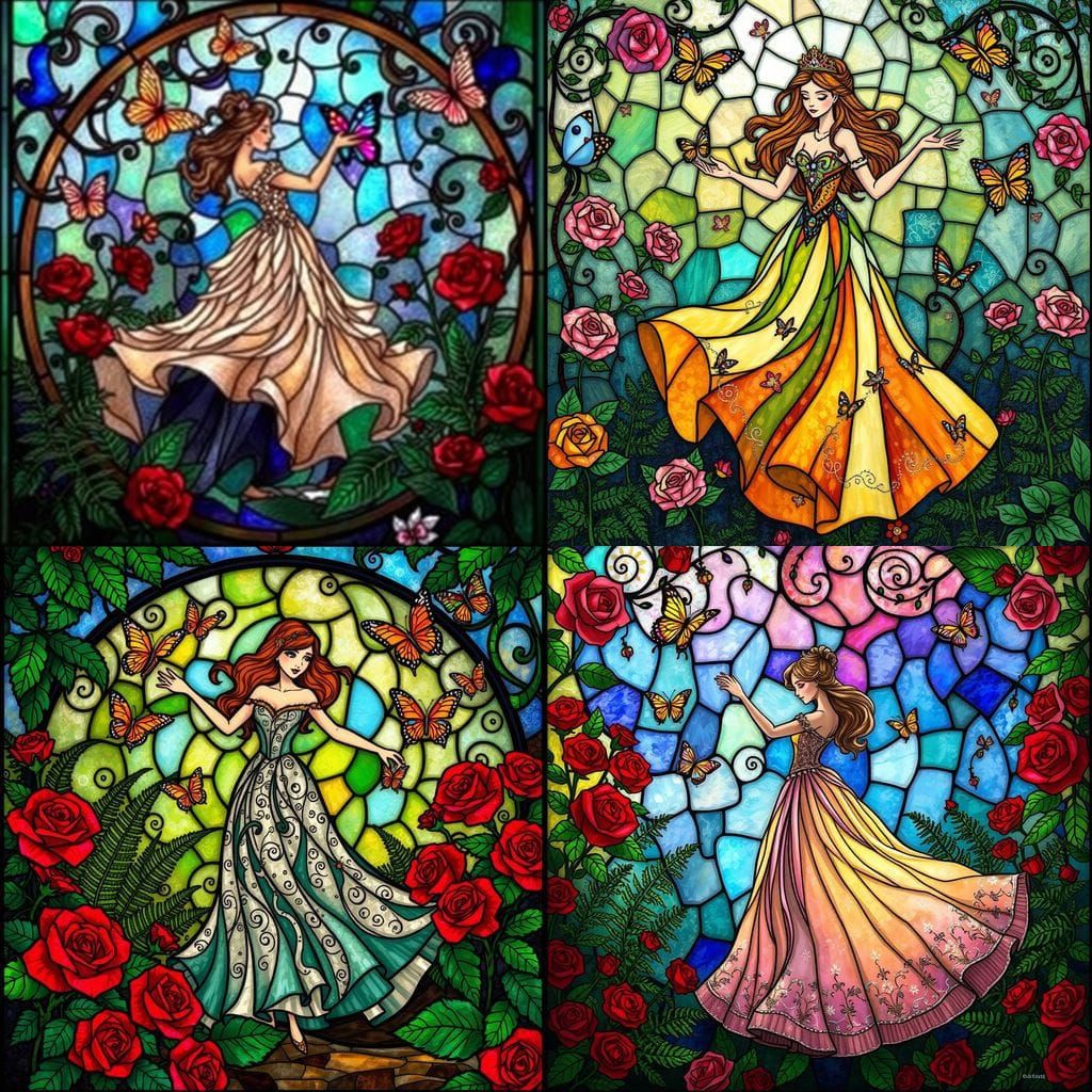 Dancing Princess in Vibrant Stained Glass Mosaic