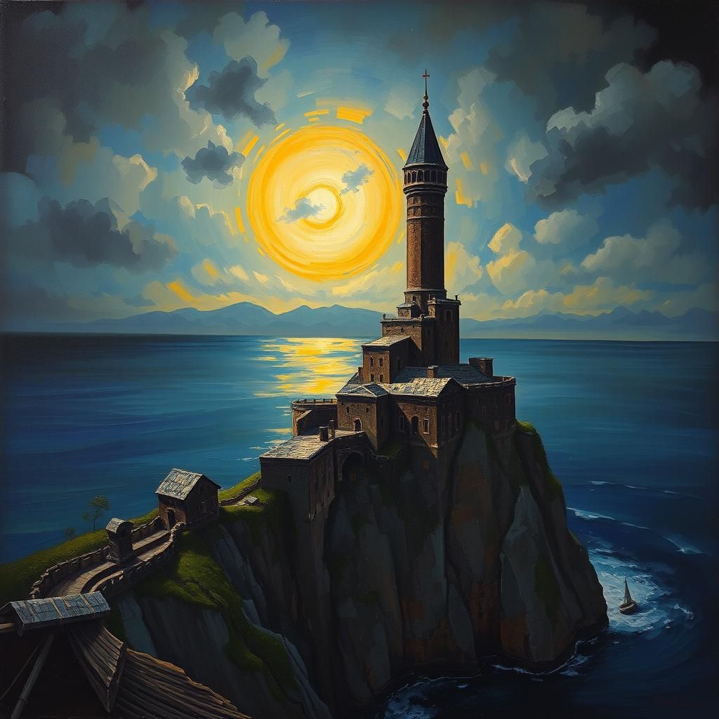 Art Deco Tower on Cliff, Impasto Impressionist Style