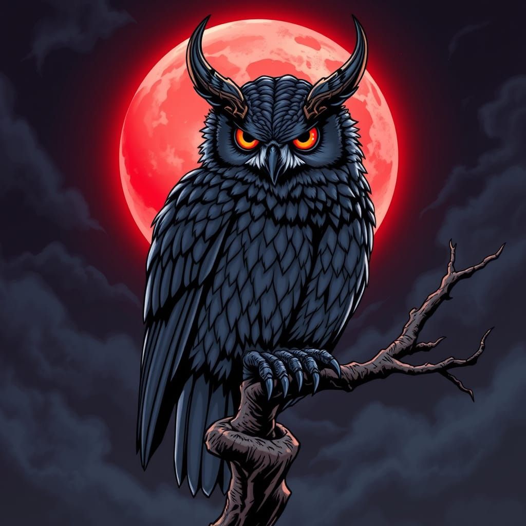 Dark Fantasy Owl with Demon Horns in Blood Moonlit Night