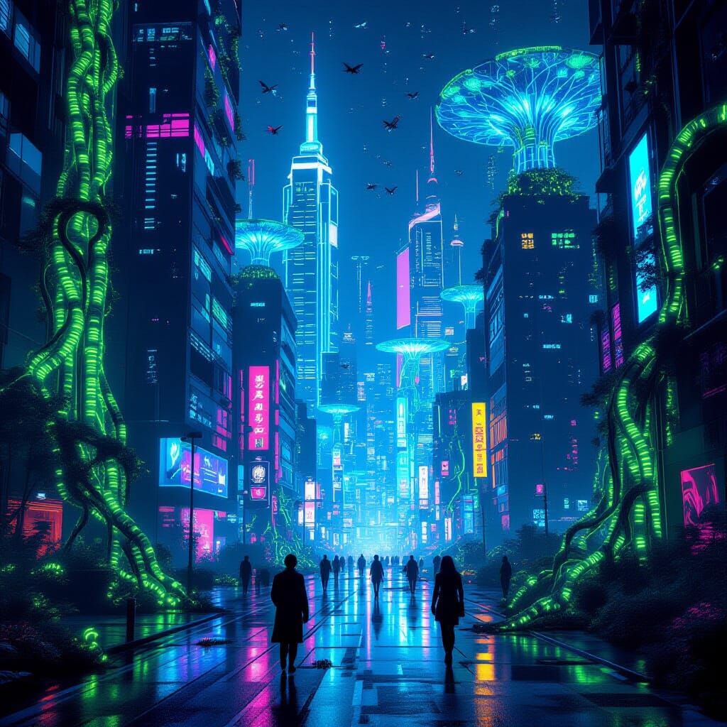 Bioluminescent Cityscape with Hybrid Citizens