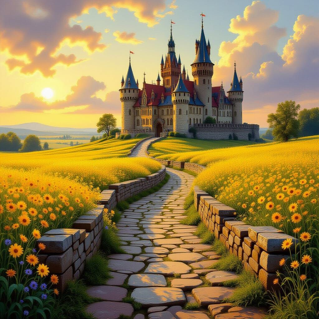 Mystical Path to Medieval Castle in Golden Light