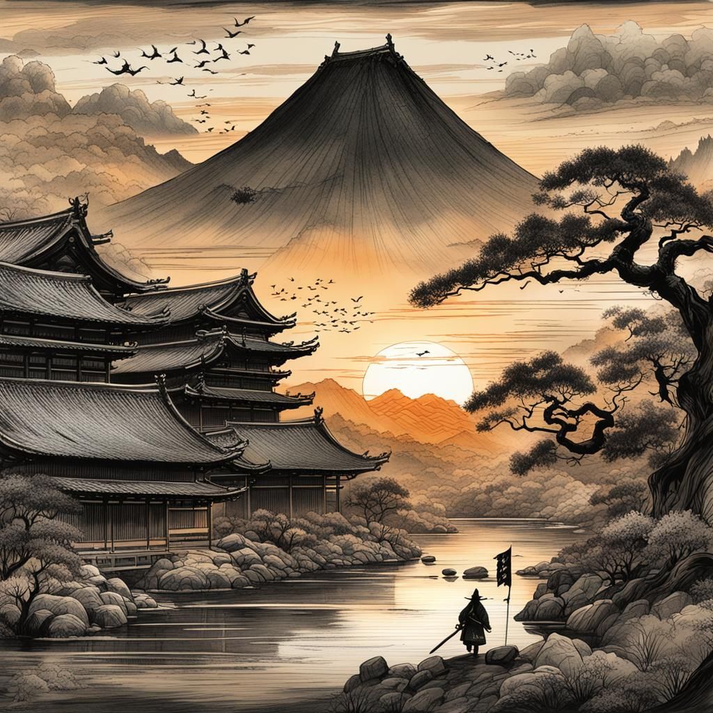 Samurai Legend in Japanese Ink Drawing Style