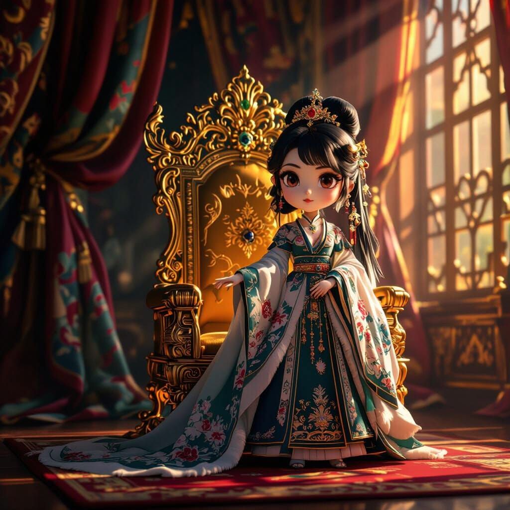 Regal Chibi Robin Empress in Palace, Oil Painting