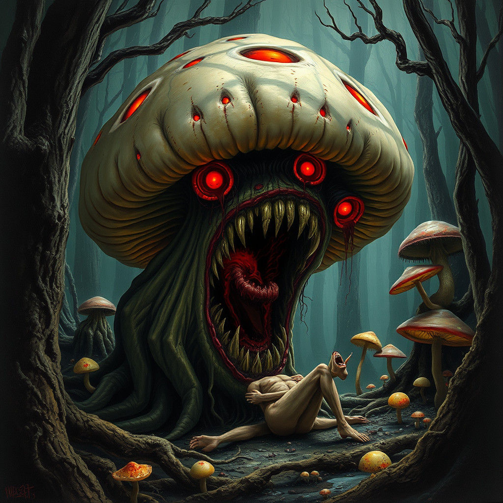 Grotesque Mushroom Devouring Human in Surreal Style