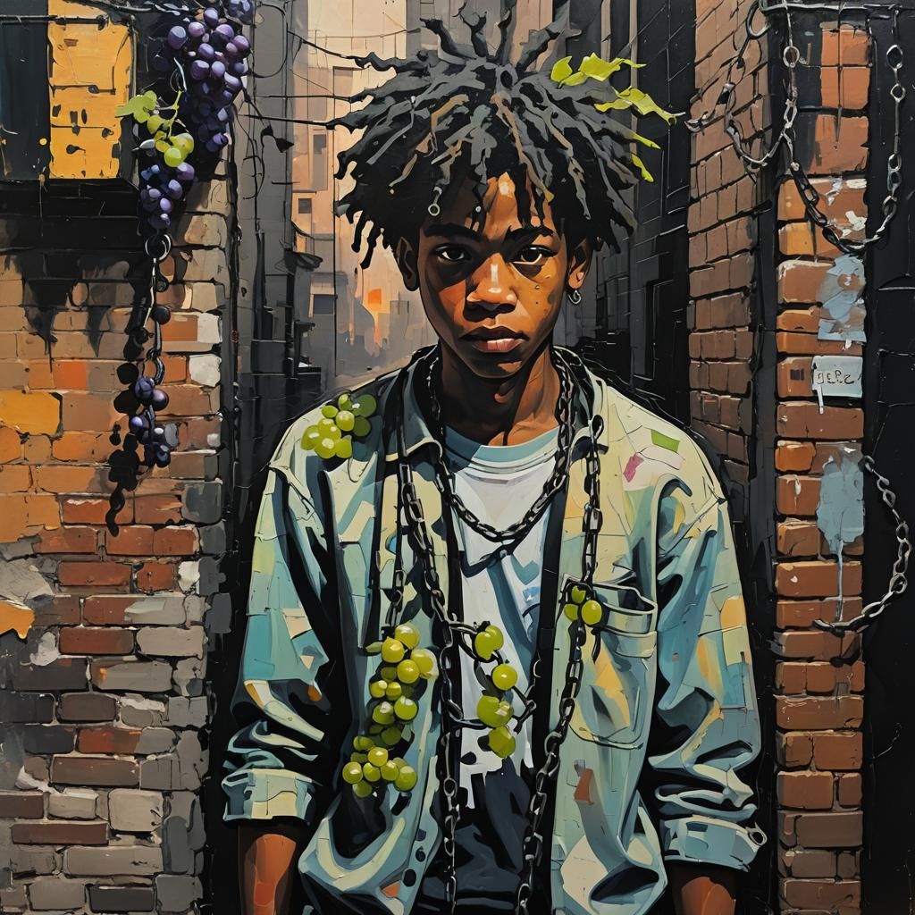 Neo-Expressionist Painting with Chains and Grapes