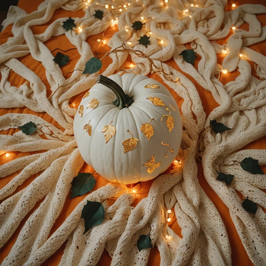 White Pumpkin with Golden Leaves and Bioluminescent Lights