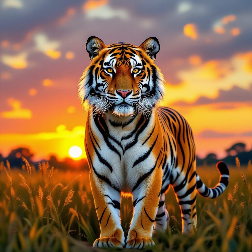 Golden Tiger in Thai Countryside Sunset