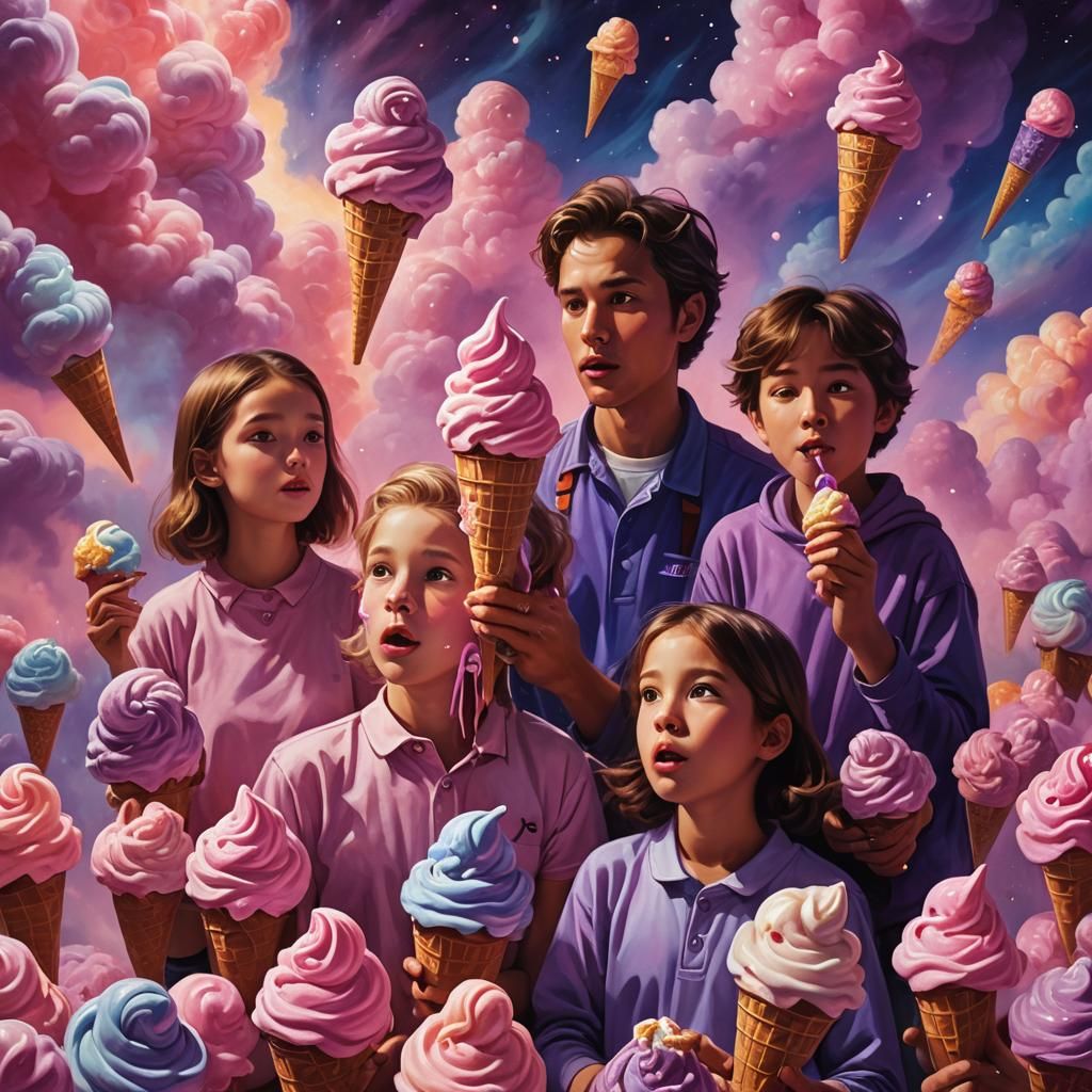 Surreal Ice Cream Feast in Dreamlike Oil Painting Style