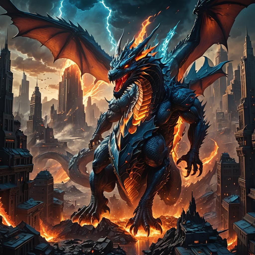 Glowing Dragon Emerges in Apocalyptic Cityscape