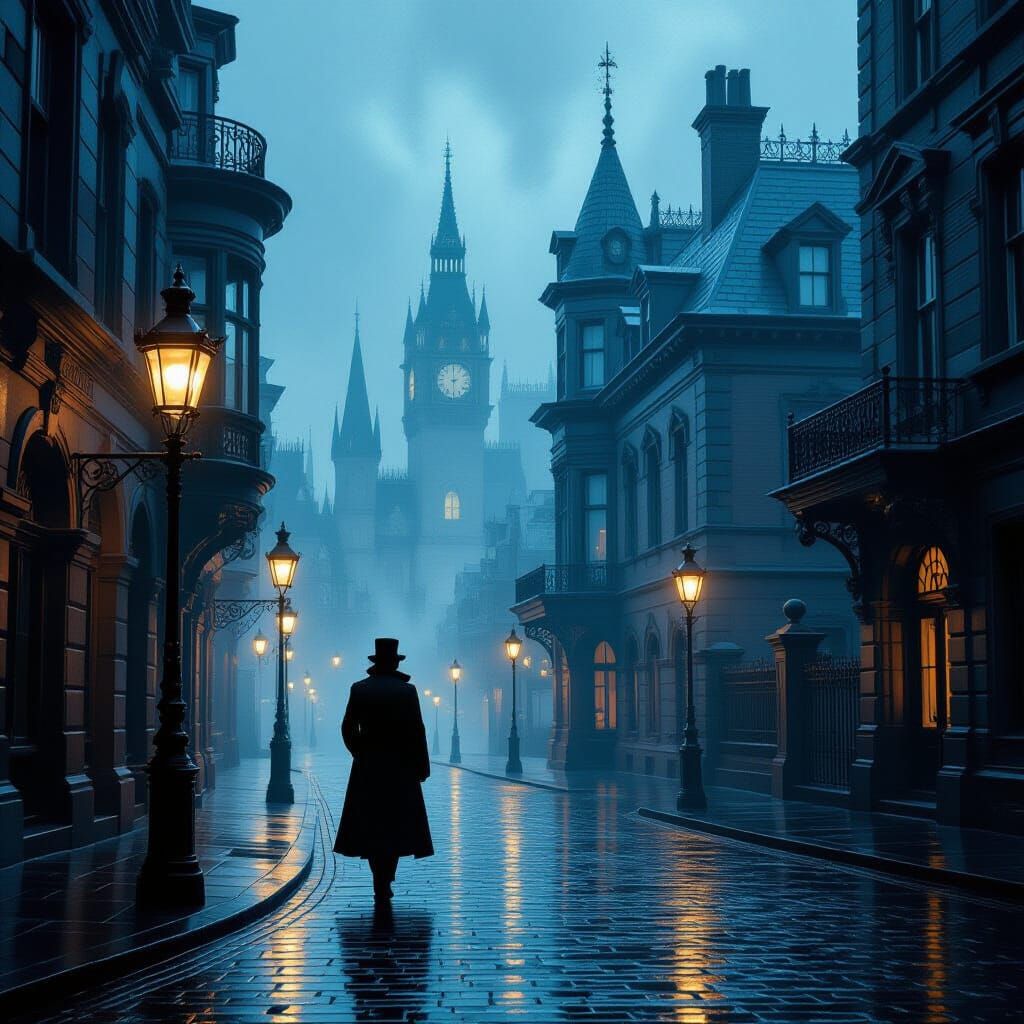 Victorian Street Scene with Gaslight and Steampunk Accents