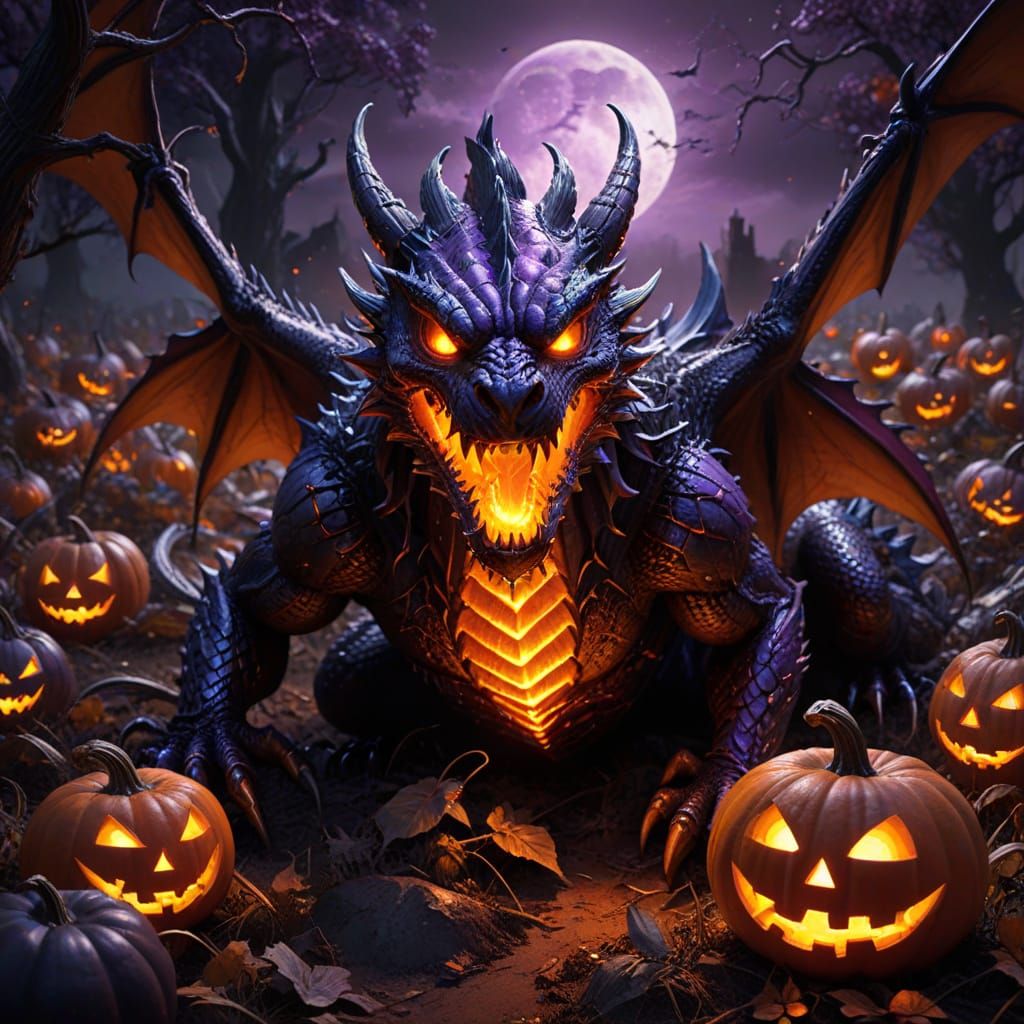 Obsidian Dragon Emerging From Pumpkin Patch With Chiaroscuro...