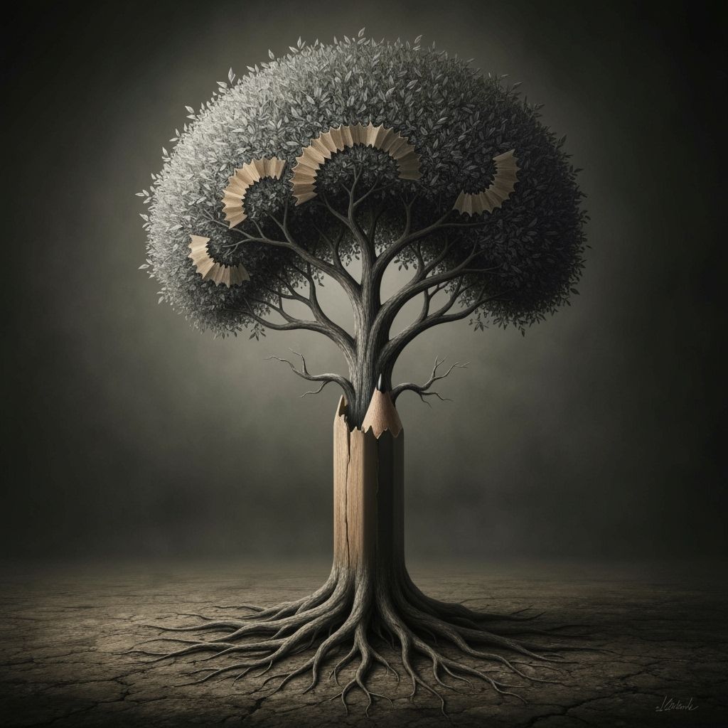 Colossal Tree Grows from Broken Pencil in Dark Fantasy Style
