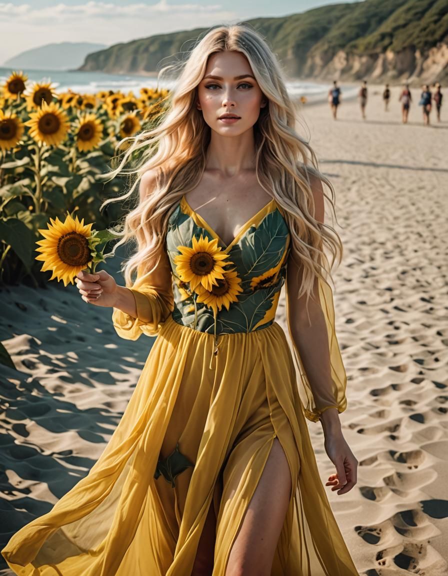 Blonde Woman on Beach in Sheer Dress