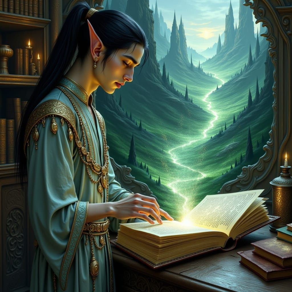 Elegant Elven Wizard in Silver Robes with Ethereal Landscape