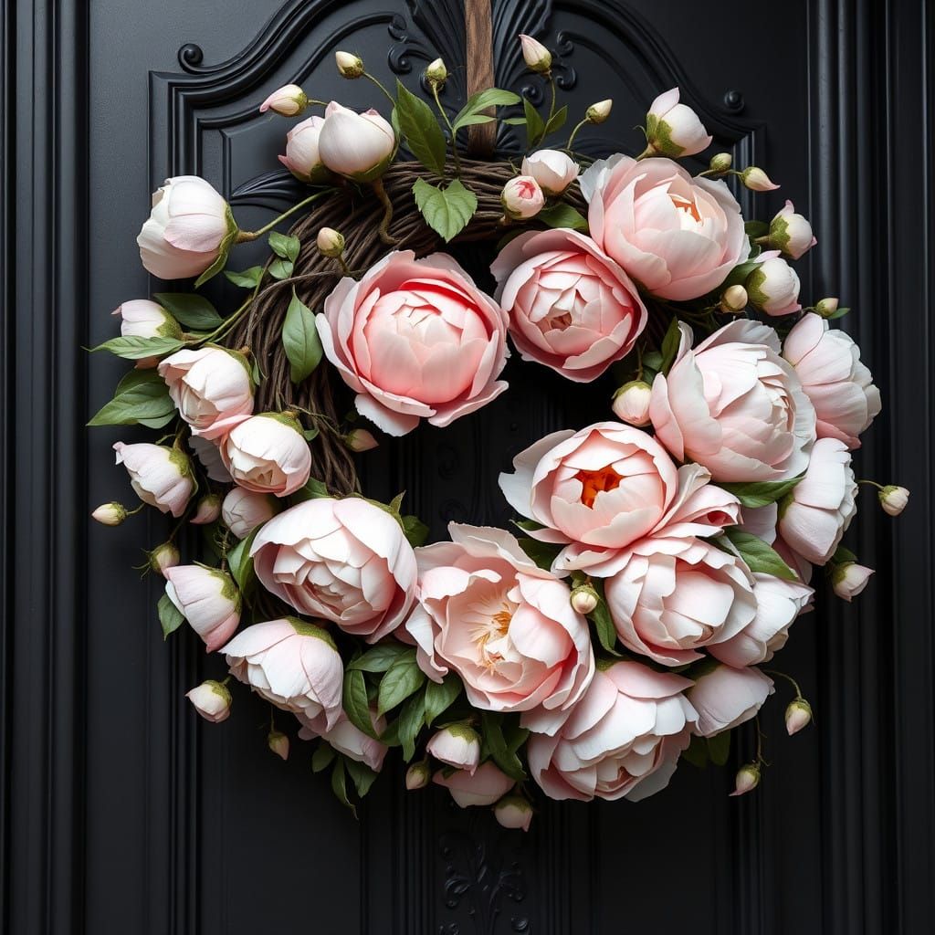 Ethereal Floral Wreath on Mysterious Black Door