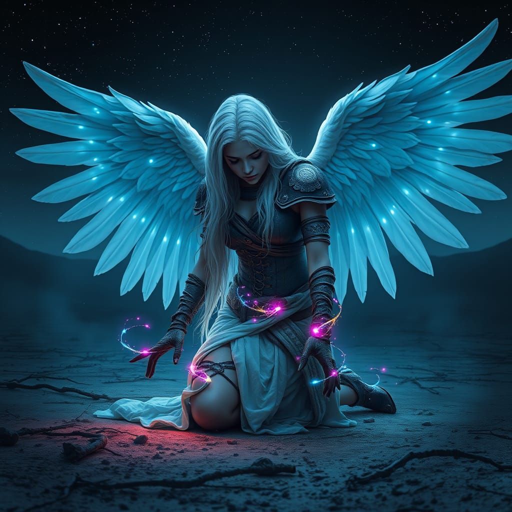 Celestial Angel Kneeling Under Starry Sky