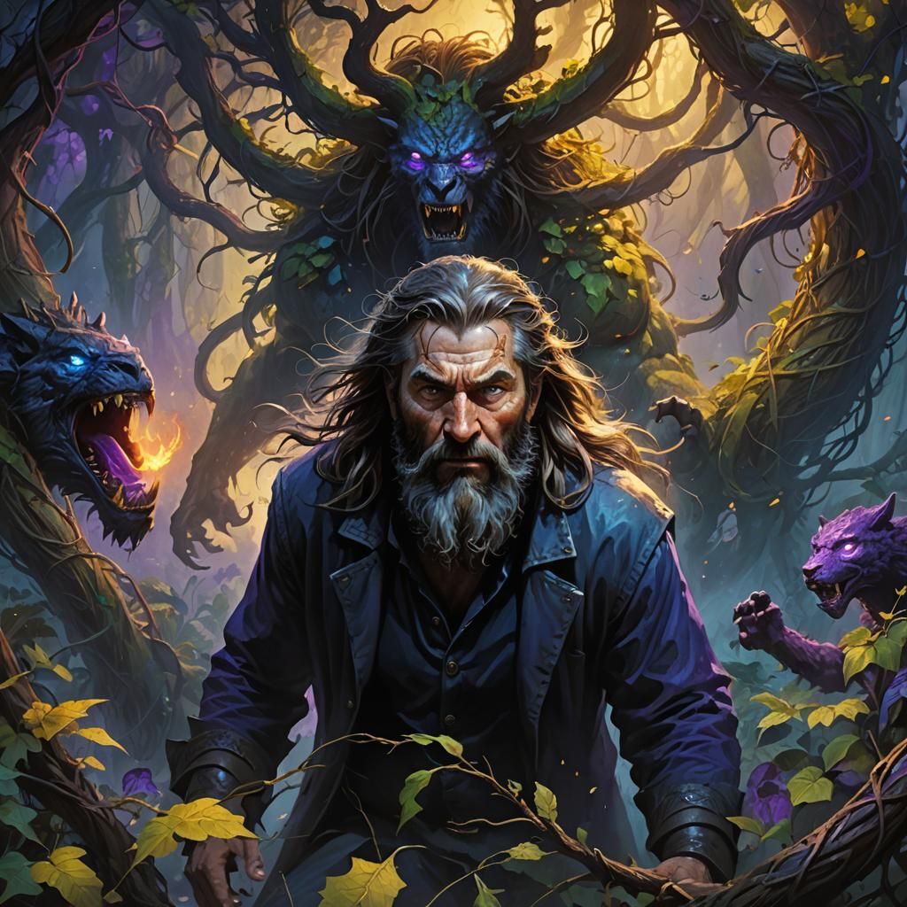 Fantasy Man Stalked by Beasts in Dramatic Lighting