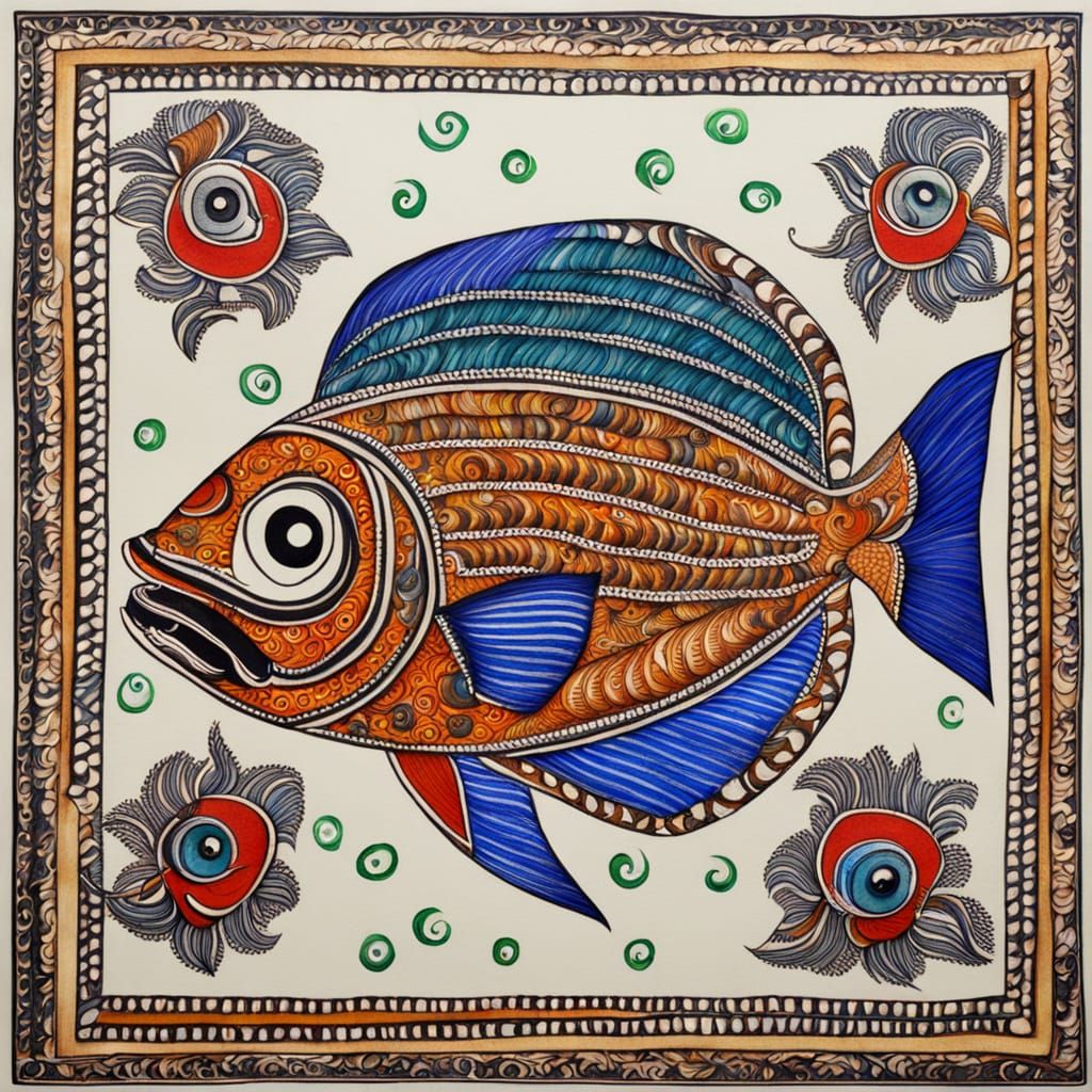 Ornamental Madhubani Painting of Fish Being Fried
