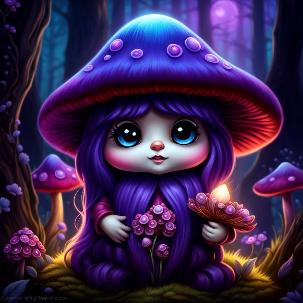 Mushroom Gnome with Bioluminescent Flowers, Fantasy Art