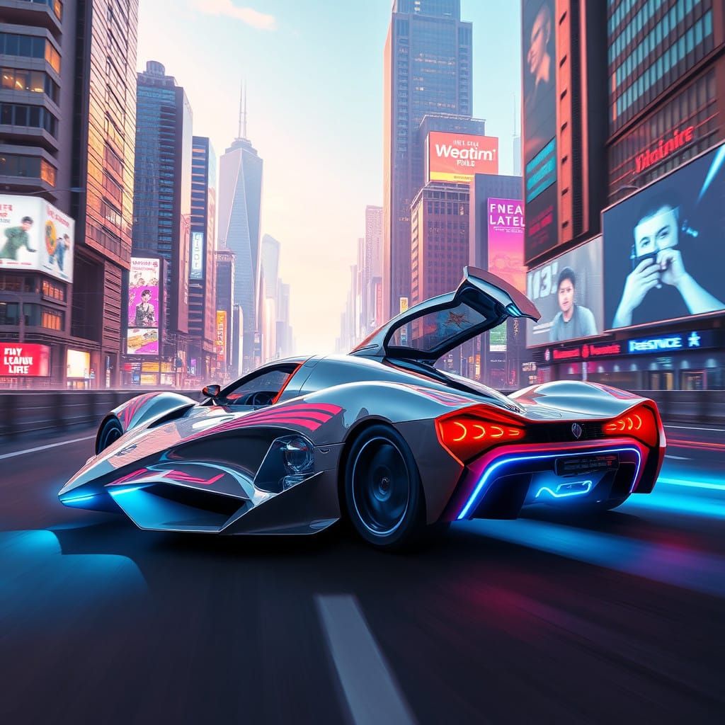 Sleek Silver Bullet-Shaped Sports Car Speeds Down Futuristic...