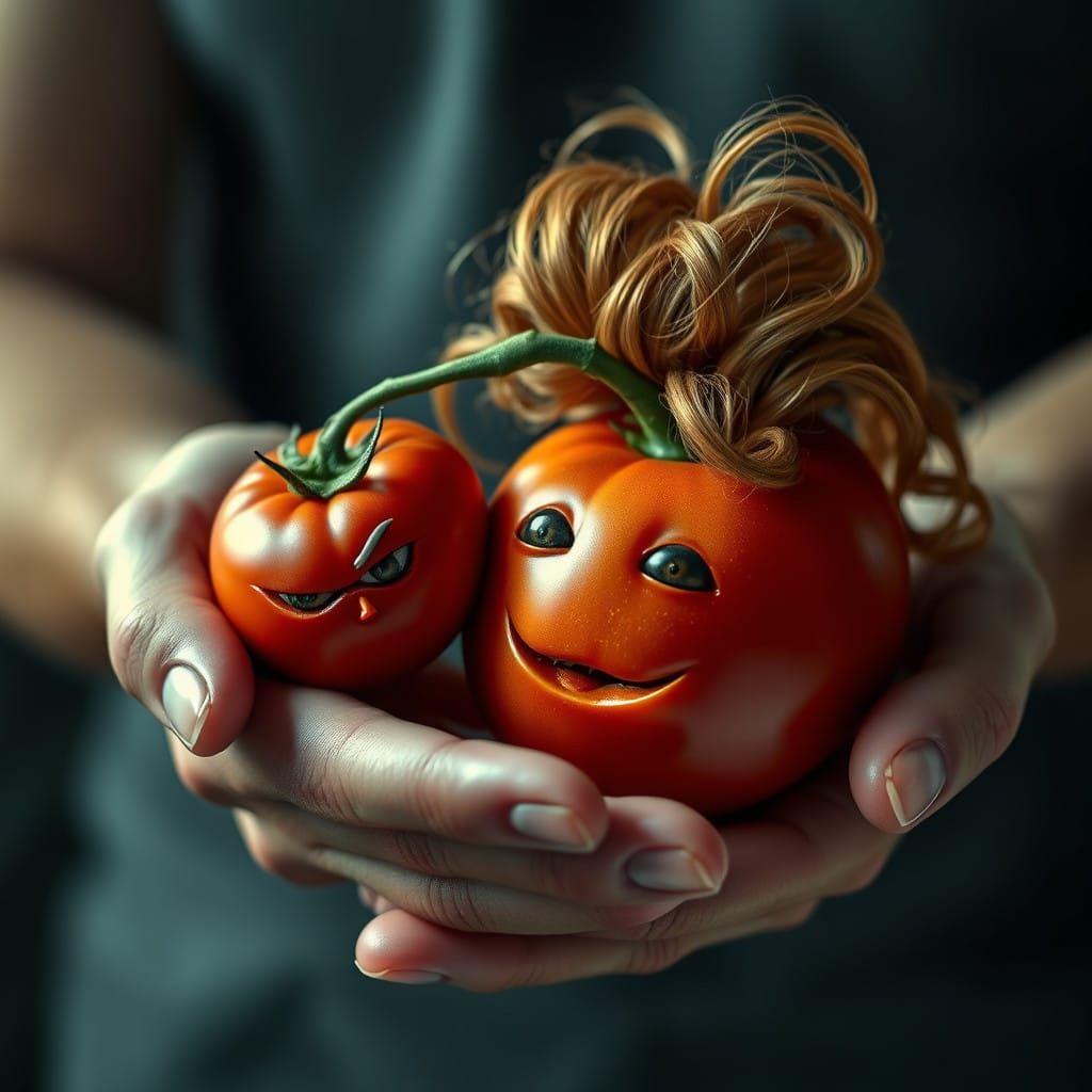 Motherly Love for Two Anthropomorphic Tomatoes in Hyperreali...