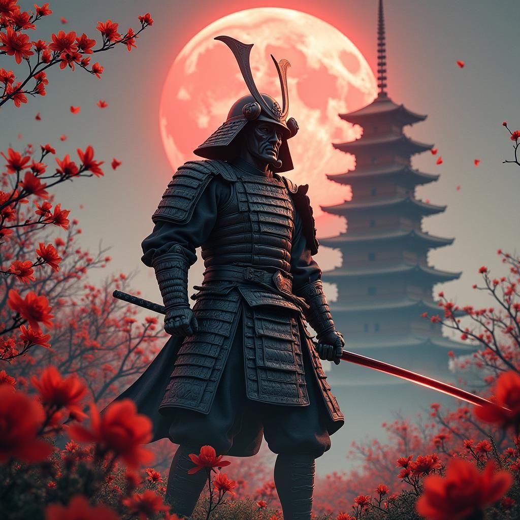 Samurai in Black and Grey Armor with Cherry Blossoms