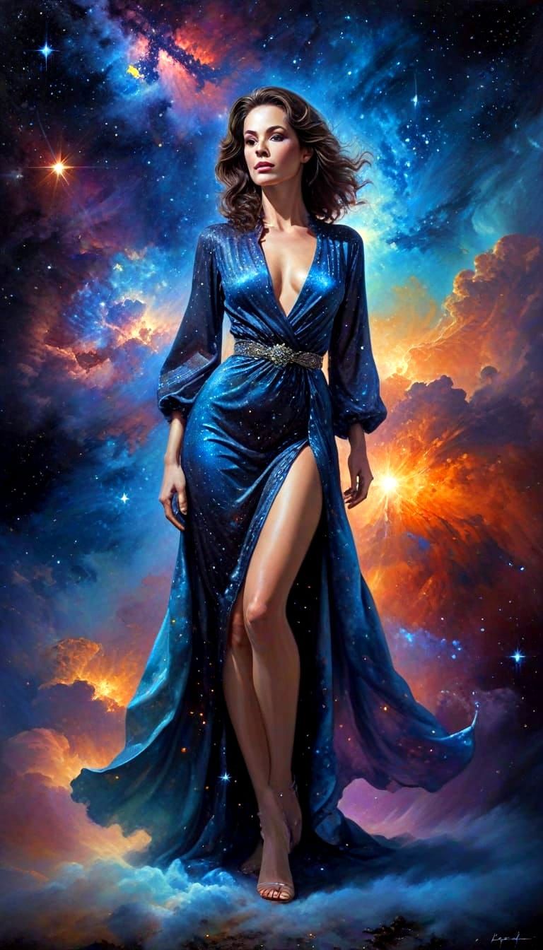 Glamorous Woman Under Starry Night Sky