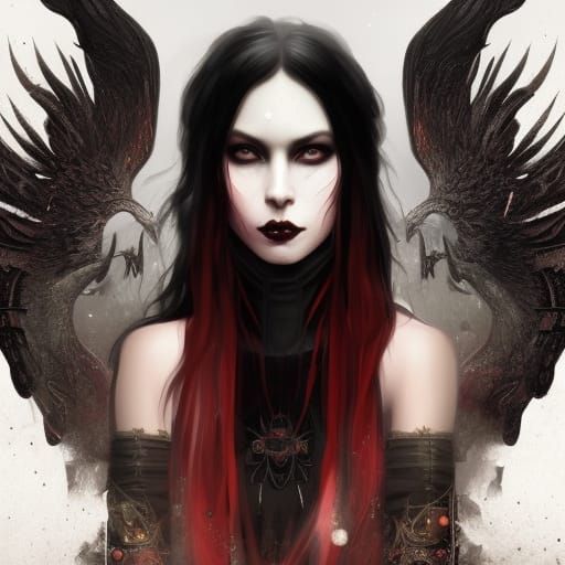 Ethereal Gothic Aries Young lady with Long black hair with Red highlights& Green eyes& Red &black eyeshadow & Black lips...