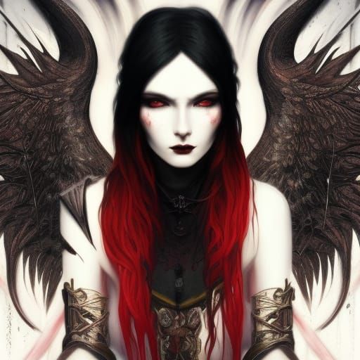 Ethereal Gothic Aries Young lady with Long black hair with Red highlights& Green eyes& Red &black eyeshadow & Black lips...