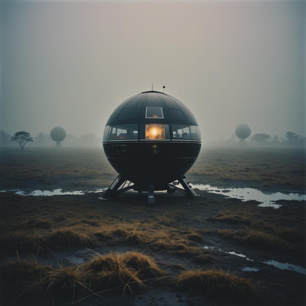 Futuristic Capsule Car in Foggy Marshland