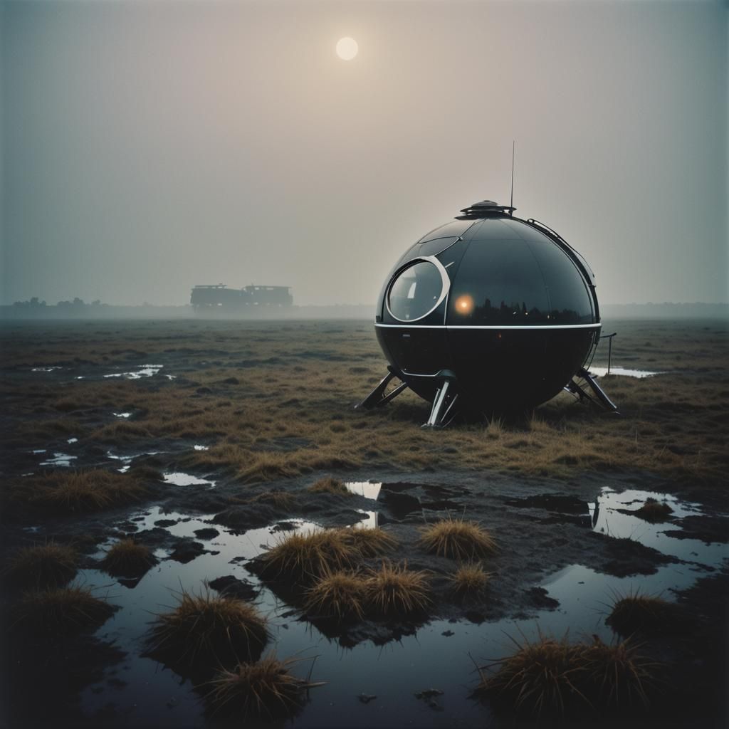 Futuristic Capsule Car in Foggy Marshland