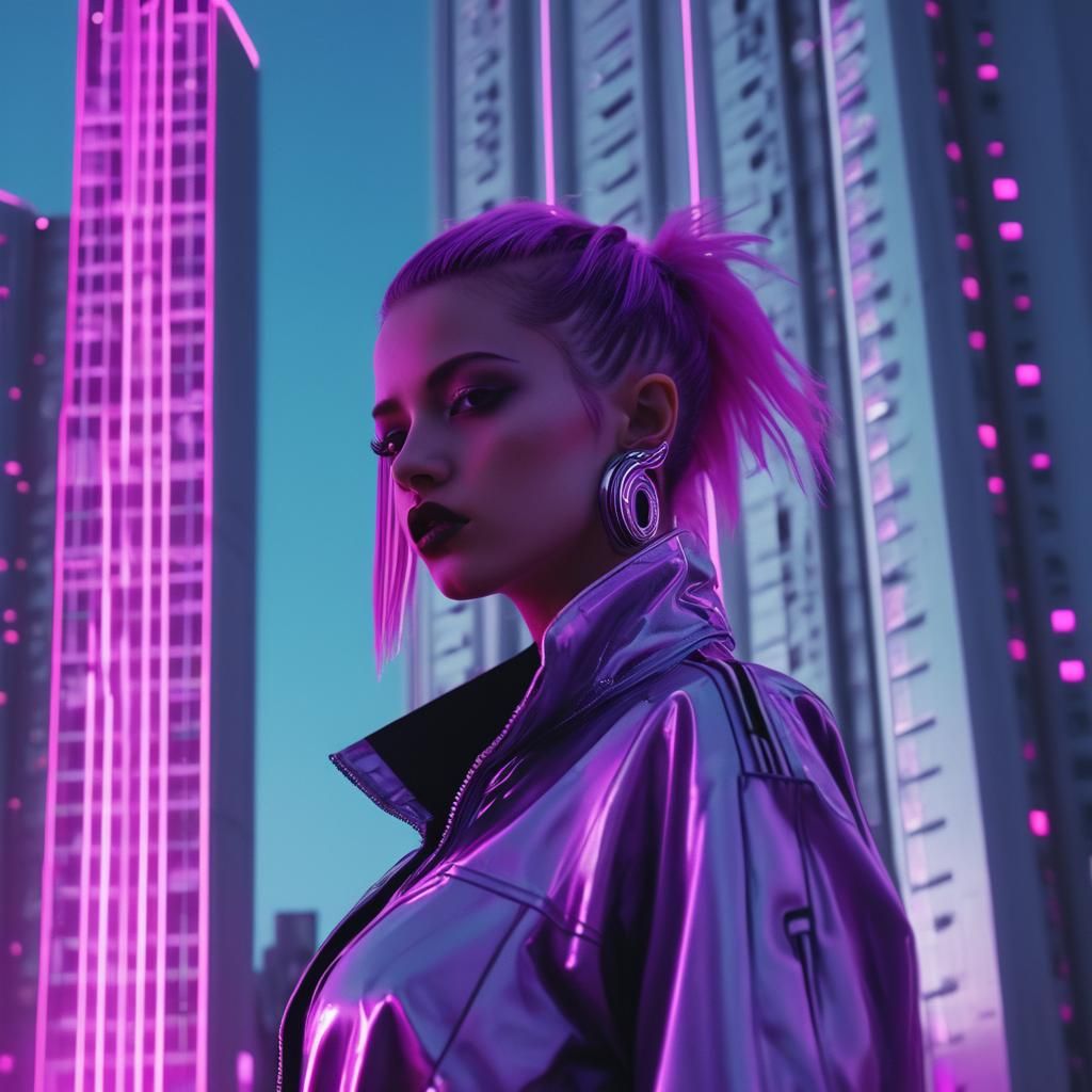 Cyberpunk Woman in Neon Cityscape