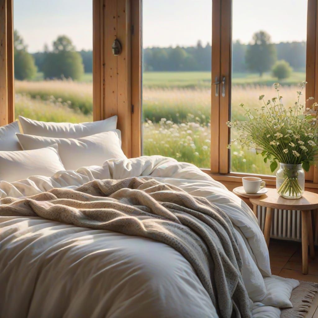 Cozy Bedroom Photography: Sunlit Meadow View