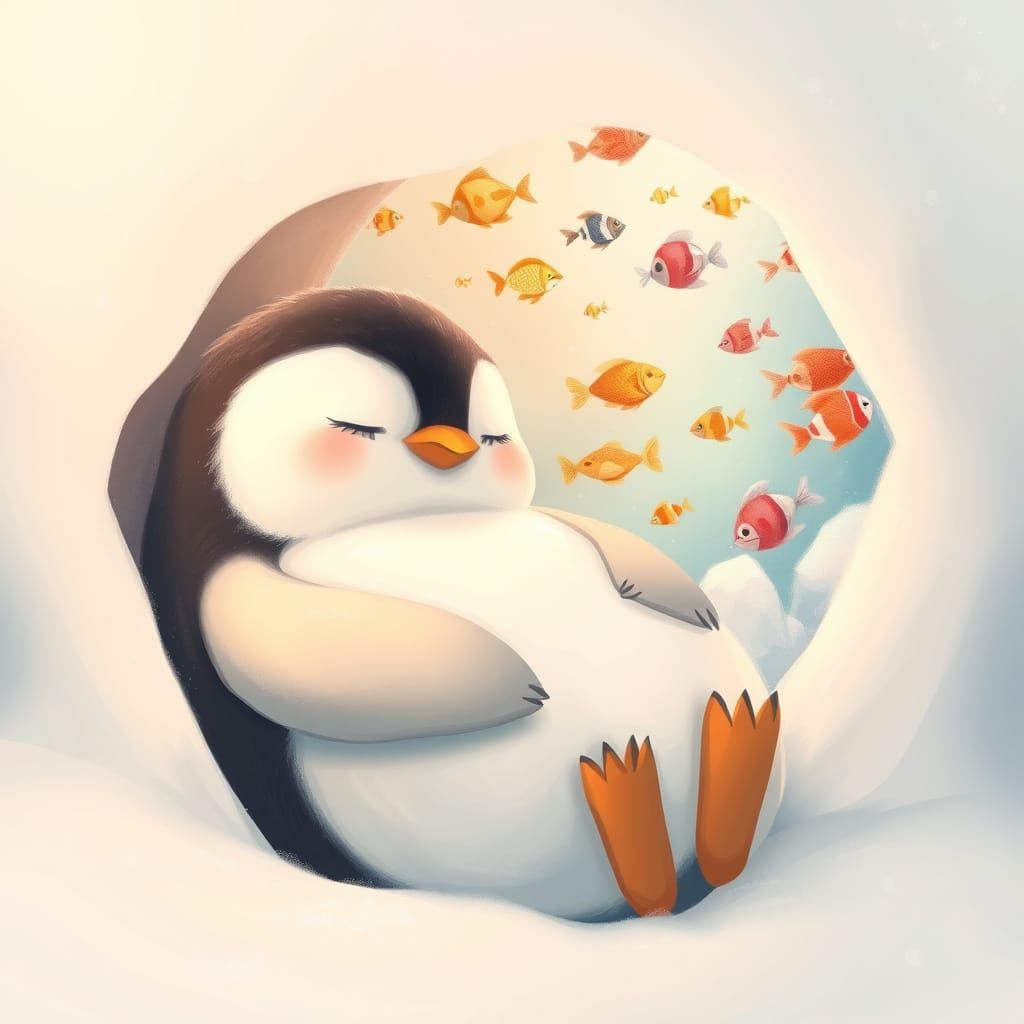 Serene Penguin in Snowy Burrow Dreams of Swimming in Crystal...