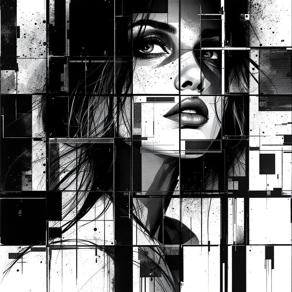 Stylized Portrait with Geometric and Ink Art Elements
