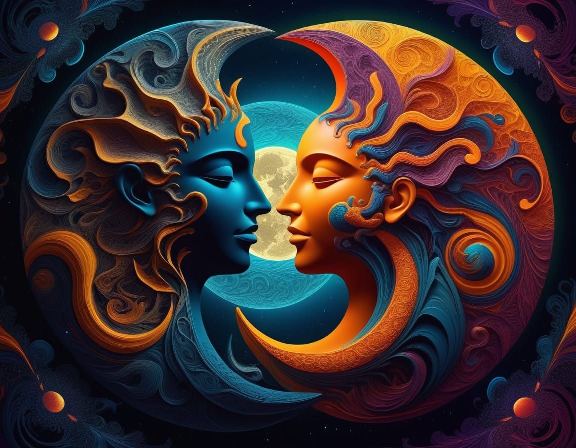 Cosmic Dance of Light and Shadow in Vibrant Psychedelic Hues