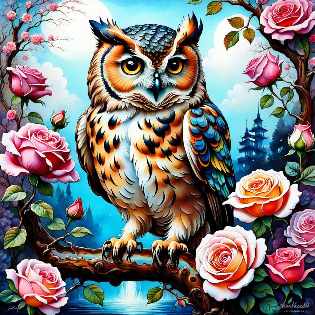 Surreal Owl in Rose Garden, Alcohol Ink Style