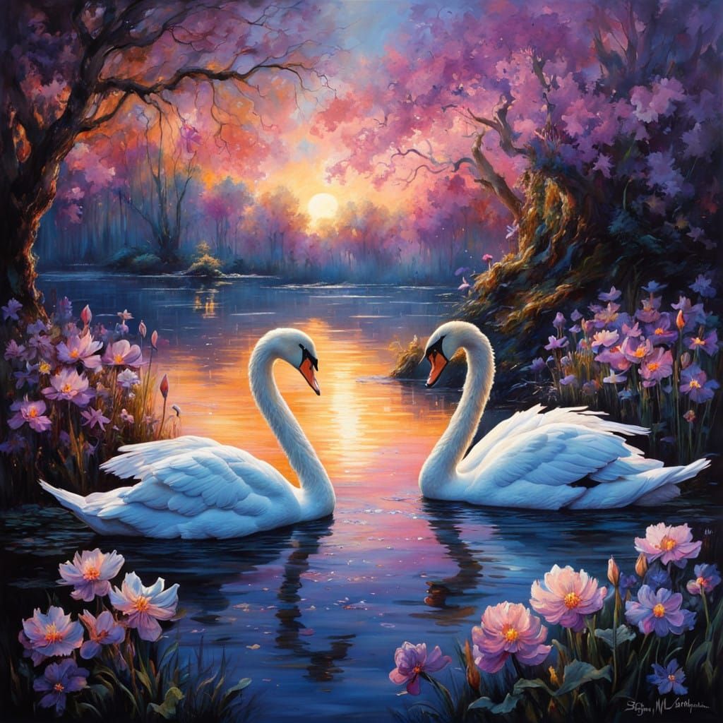 Surreal Swan Scene in a Cosmic Lake at Dawn