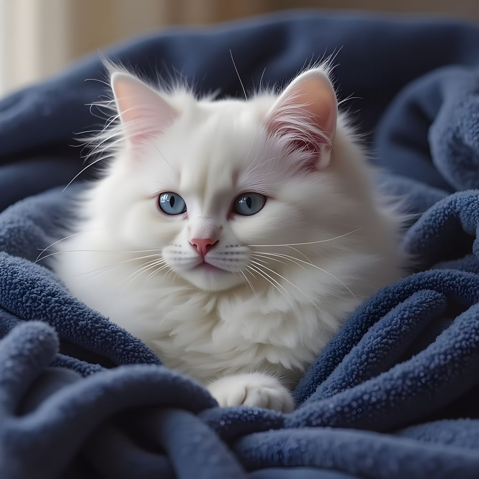 Fluffy White Cat on Blue Blanket: Vintage Postcard