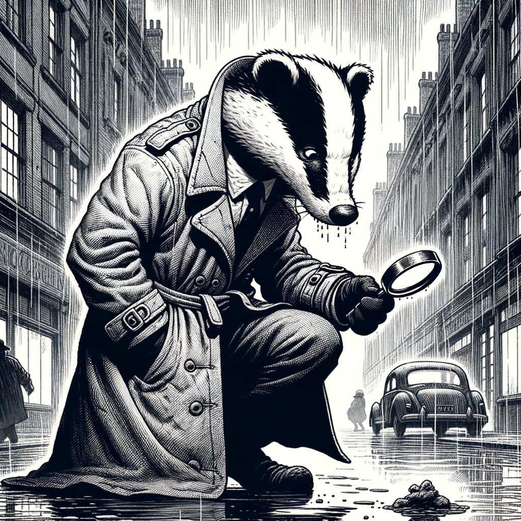 Badger Detective in Rainy City, Comic Book Style