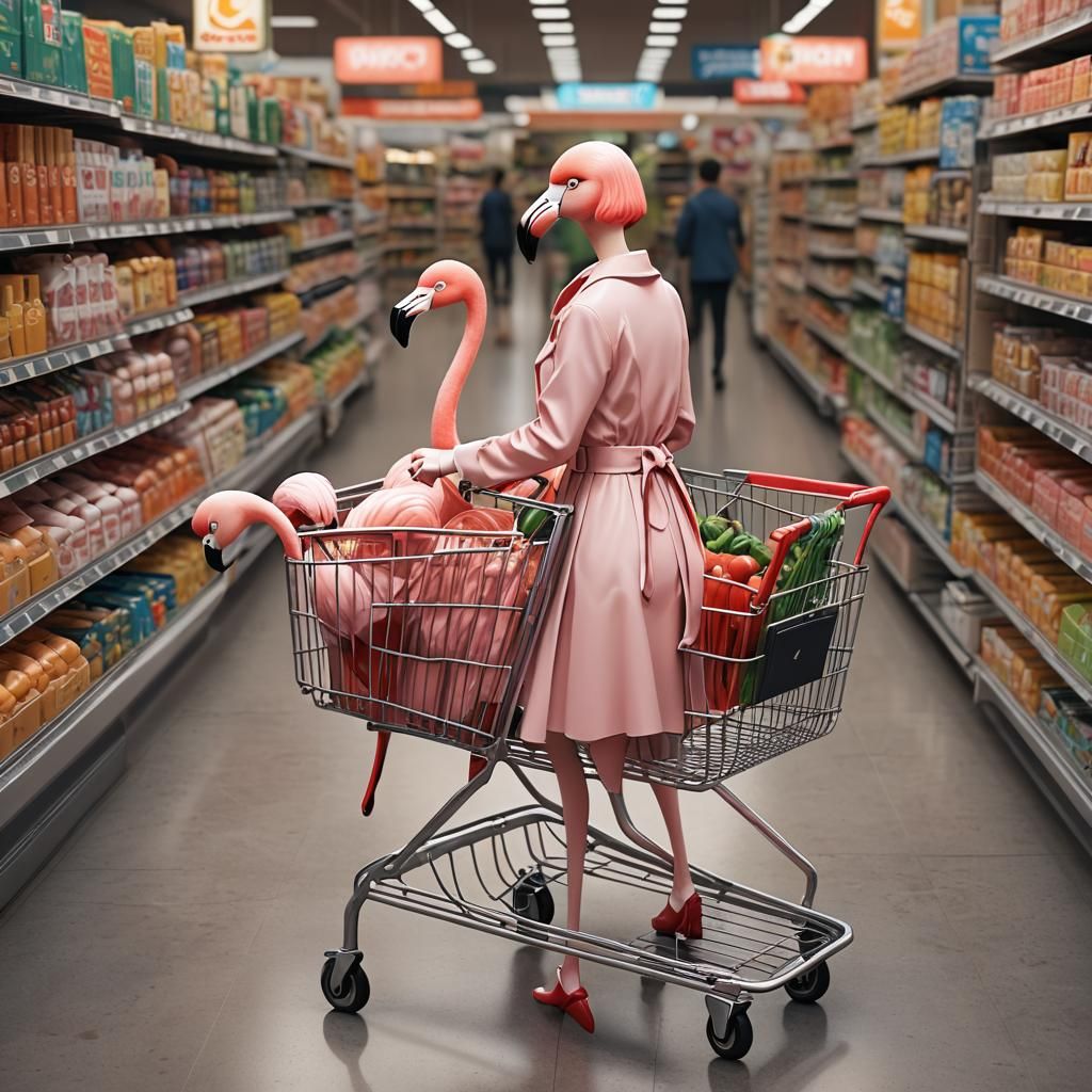 Flamingo with Shopping Cart: 3D Anime Art