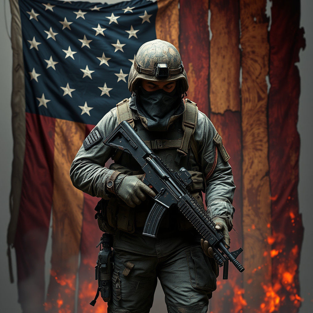 War-Torn Soldier with Burning Flag in Fantasy Art Style