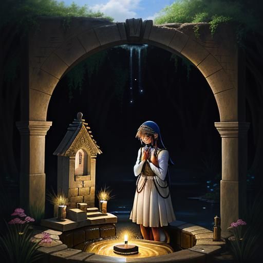 A young girl stands beside a well, clutching a wish in her h...