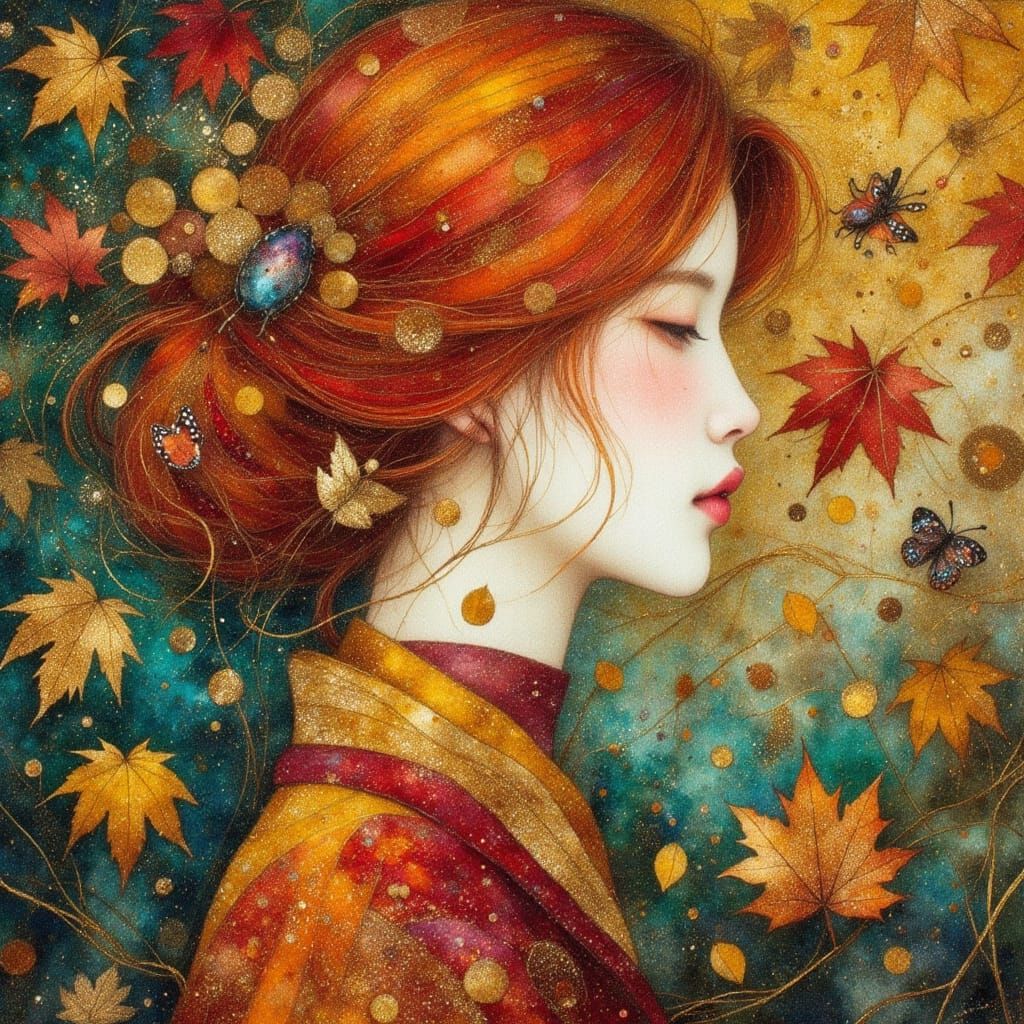 Nature Goddess Portrait in Klimt Style, Gold and Teal