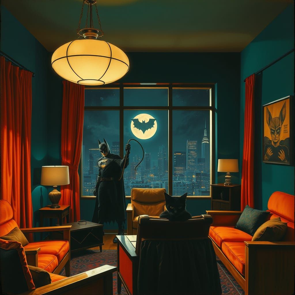 Catwoman's Secret Hideout: Mid-Century Modern Oil Painting